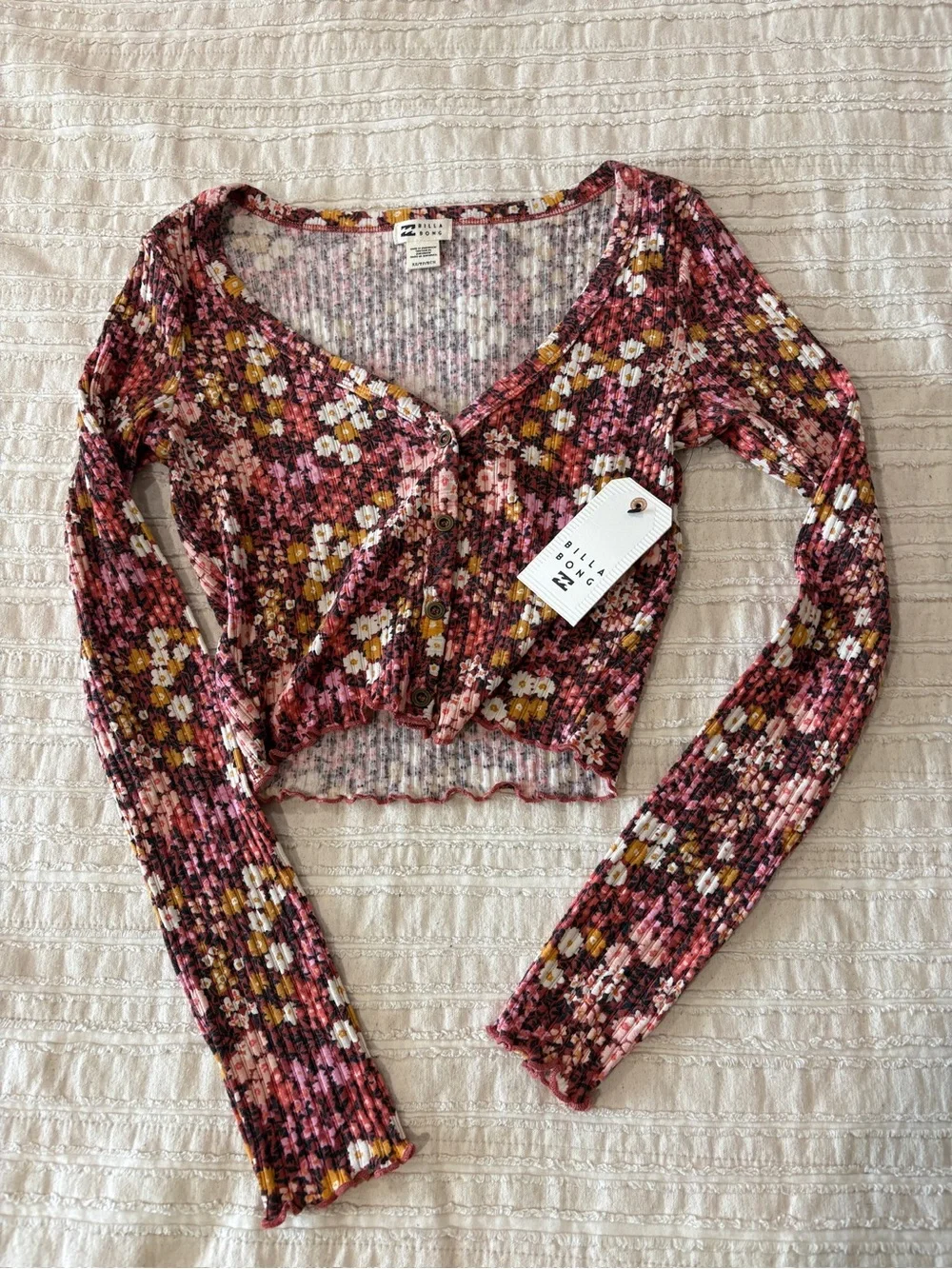 NWT Billabong Pink Floral Ribbed Long-Sleeve Crop Top